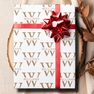 Papier Cadeau Élégant Monogramme personnalisé Nom Blanc personna