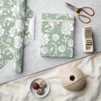 Élégant motif damassé floral blanc et vert sauge