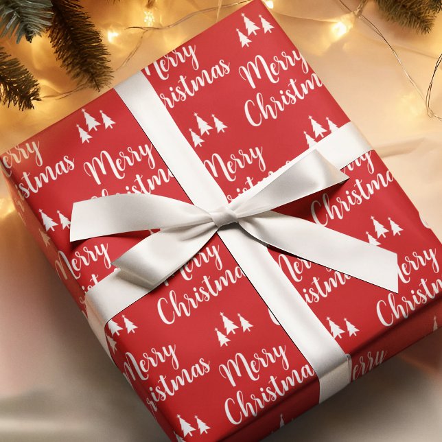 Papier Cadeau Élégant Motif d'arbre blanc rouge Joyeux Noël (Elegant Red White Tree Pattern Merry Christmas Wrapping Paper
)