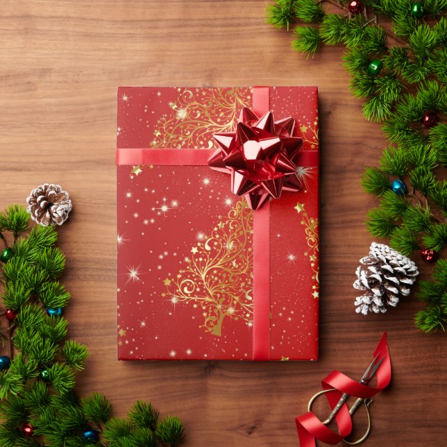 Papier Cadeau Élégant Motif d'Arbre de Noël Or (Cadeau de vacances)