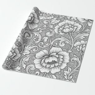 Papier Cadeau Élégant motif d'art en ligne florale noir et blanc