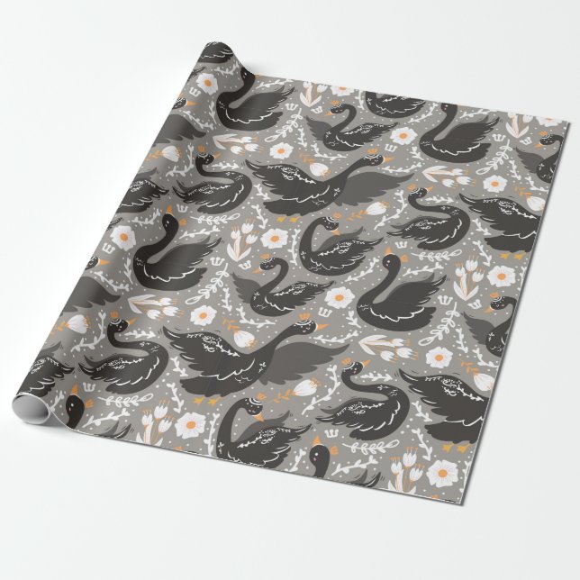 Papier Cadeau Élégant Motif de cygne noir floral (Déroulé)
