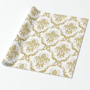 Papier Cadeau Élégant Motif de Damas Floral Blanc Et Or