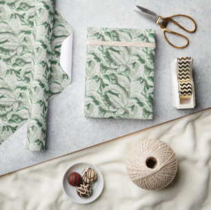 Papier Cadeau Élégant motif de feuille botanique blanc vert vint