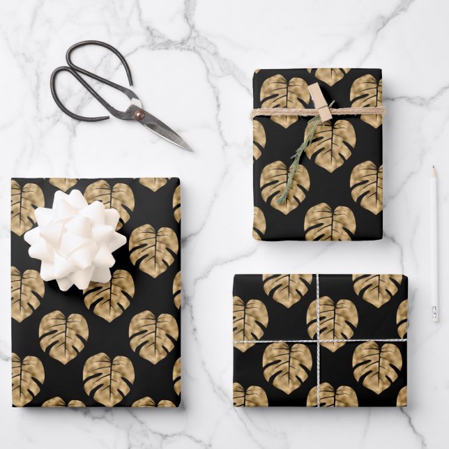 Papier Cadeau Élégant motif de feuille de palme d'or noir (Recto)