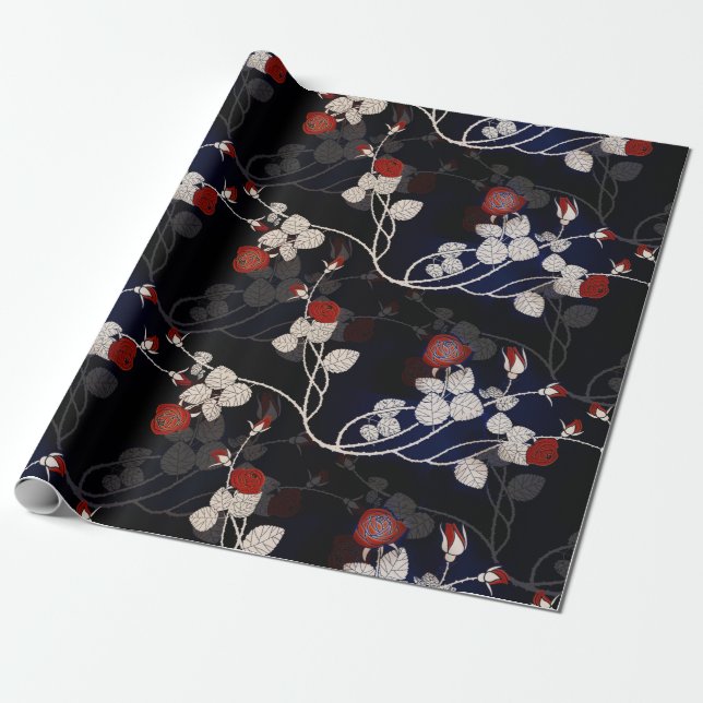 Papier Cadeau Élégant Motif de Fleur Rouge Noir (Déroulé)