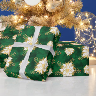 Papier Cadeau Élégant Motif de fleurs blanc or vert Poinsettia