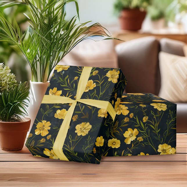 Papier Cadeau Élégant Motif de la fleur de la coupe-beurre jaune (Créateur téléchargé)