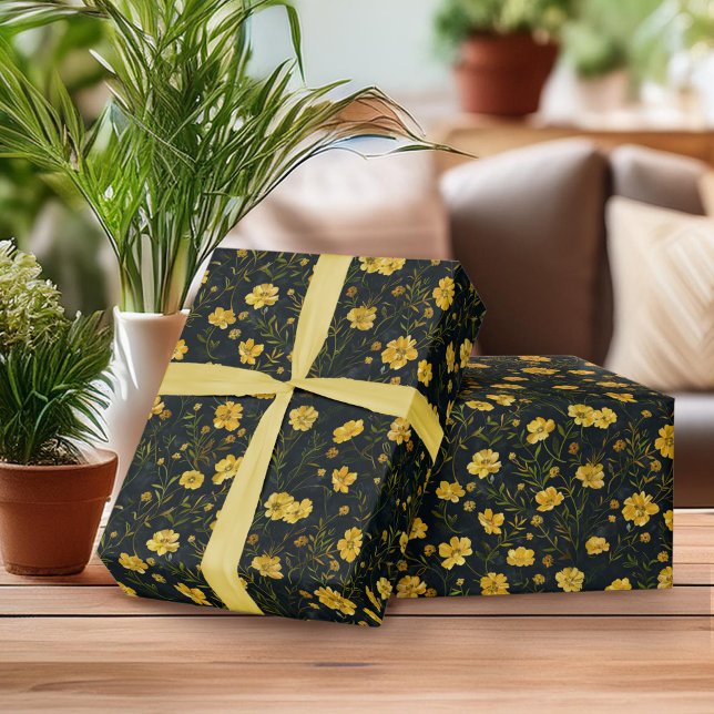 Papier Cadeau Élégant Motif de la fleur de la coupe-beurre jaune (Créateur téléchargé)