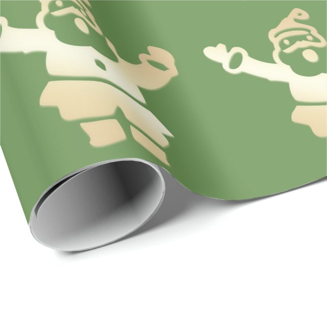 Papier Cadeau Élégant Motif de Noël Gold & Green Santa Claus (Coin rond)