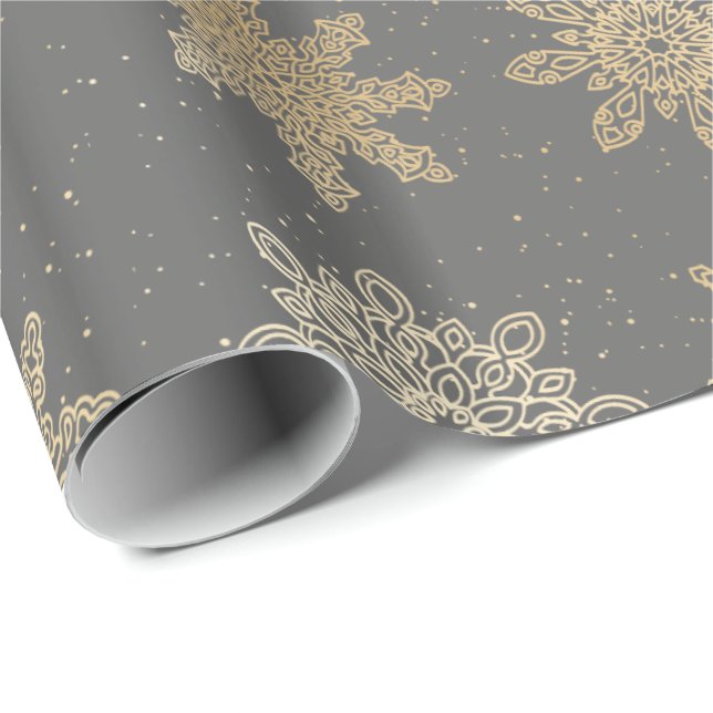 Papier Cadeau Élégant Motif de Noël Gold & Grey Snowflake (Coin rond)