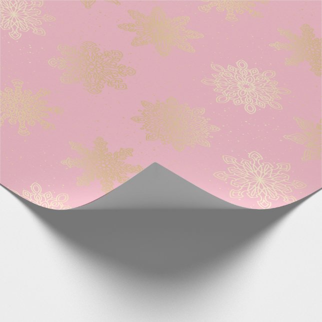 Papier Cadeau Élégant Motif de Noël Gold & Pink Snowflake (Coin)