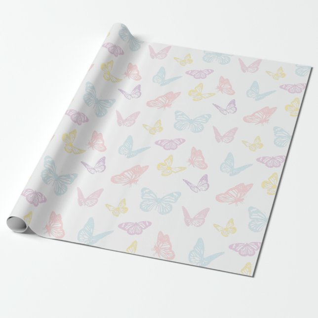 Papier Cadeau Élégant Motif de papillon bleu rose pastel blanc (Déroulé)