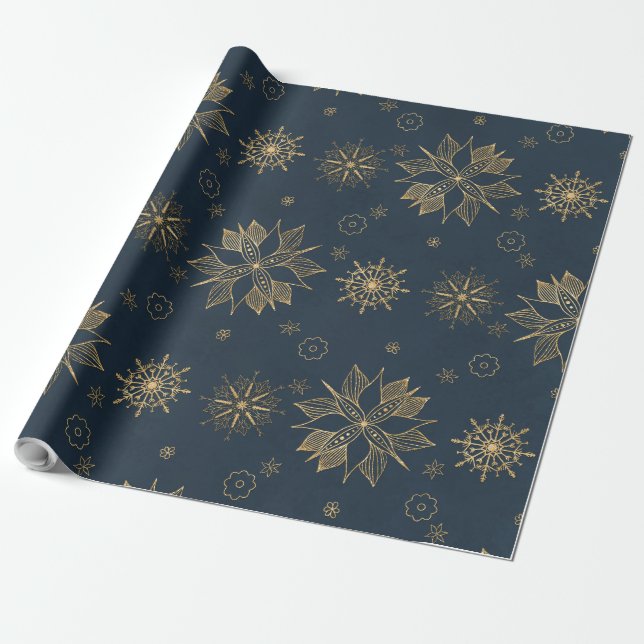 Papier Cadeau Élégant Motif des Snowflakes Gold Blue Poinsettias (Déroulé)