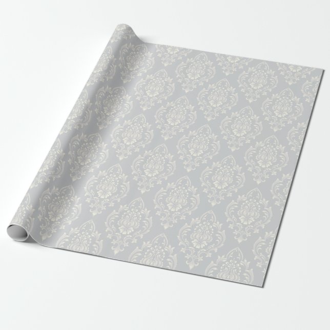 Papier Cadeau Elégant motif en argent Damask Luxe (Déroulé)