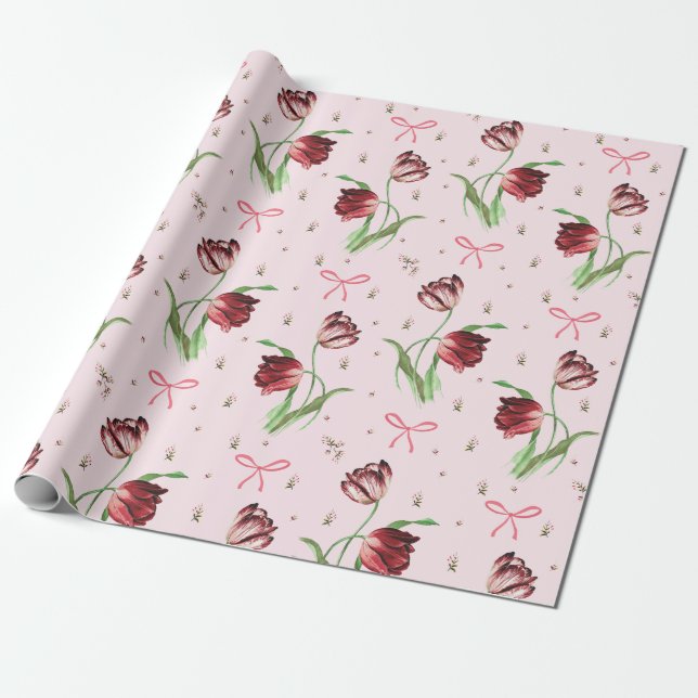 Papier Cadeau Élégant Motif Floral aux Tulipes et Rubans Roses V (Déroulé)