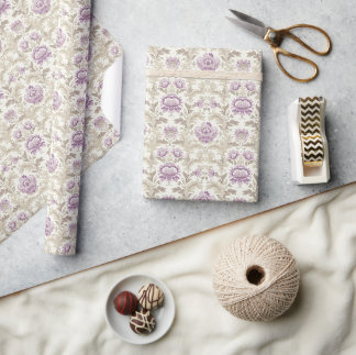 Papier Cadeau Elégant motif floral avec Damas blanc et beige