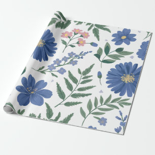 Papier Cadeau Elégant motif floral bleu avec verdure fraîche