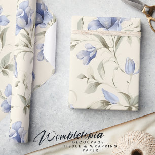 Papier Cadeau Élégant motif floral bleu sur fond crème