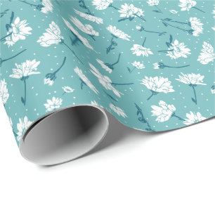 Papier Cadeau Élégant motif floral - Botanique Turquoise et blan