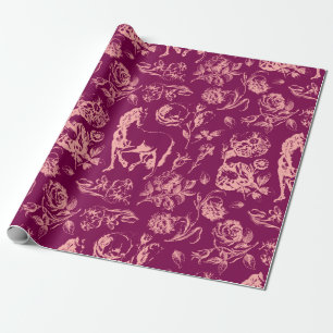 Papier Cadeau Élégant motif floral cheval rose vin vintage