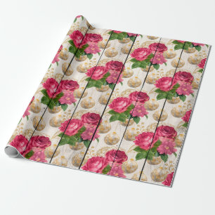 Papier Cadeau Élégant motif floral de Noël rose et or
