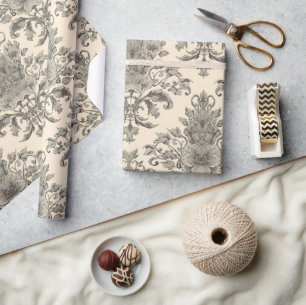 Papier Cadeau Élégant motif floral gravé français vintage