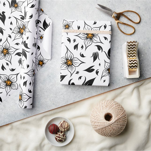 Papier Cadeau Élégant motif floral noir et blanc (Créateur téléchargé)