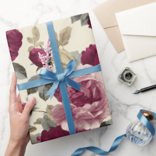 Papier Cadeau Élégant motif floral prune rose ivoire