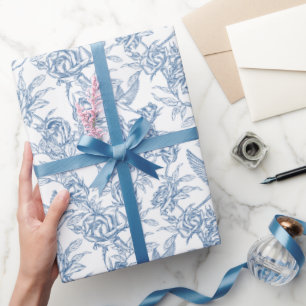 Papier Cadeau Élégant motif floral Toile de Jouy bleue française