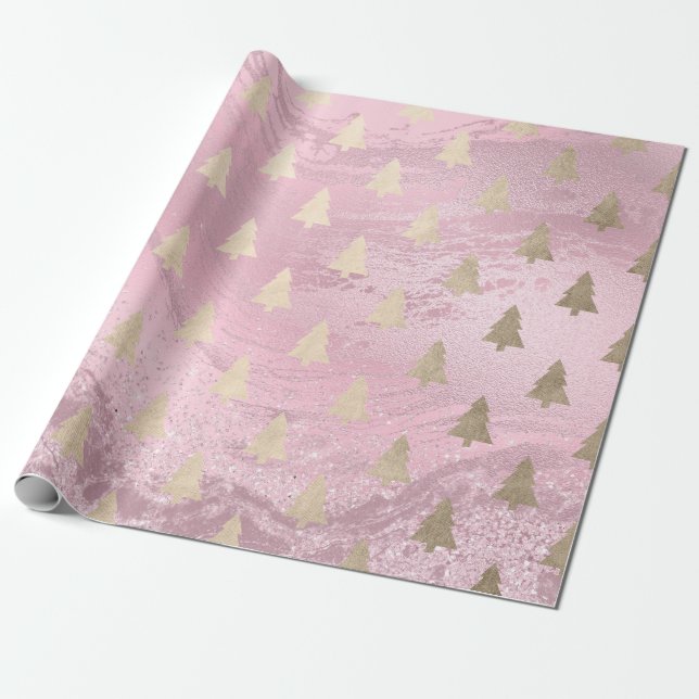 Papier Cadeau Élégant motif moderne de Noël doré et rose (Déroulé)