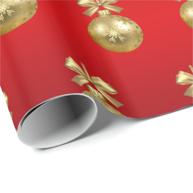 Papier Cadeau Élégant Motif or & rouge ornement de Noël (Coin rond)