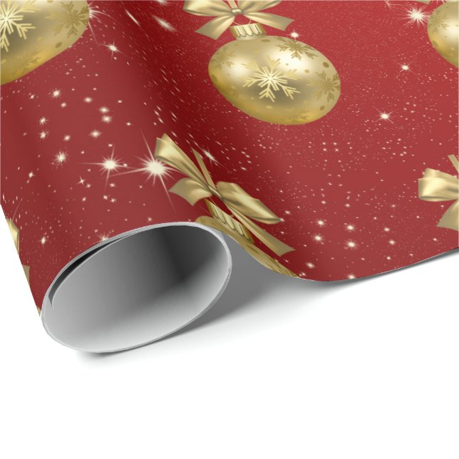Papier Cadeau Élégant Motif or & rouge ornement de Noël (Coin rond)