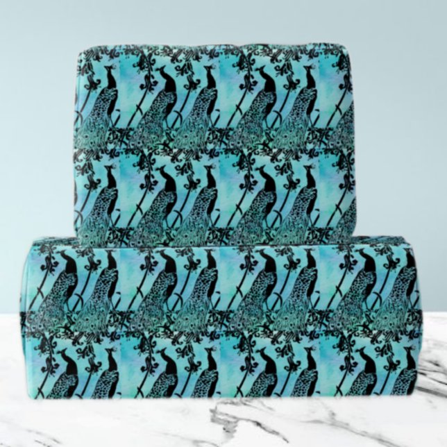 Papier Cadeau Élégant Motif Peacock Turquoise et noir (Créateur téléchargé)