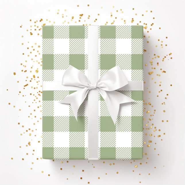Papier Cadeau Élégant Motif Plaid Vert Sage (Sage Green White Plaid Pattern Wrapping Paper)