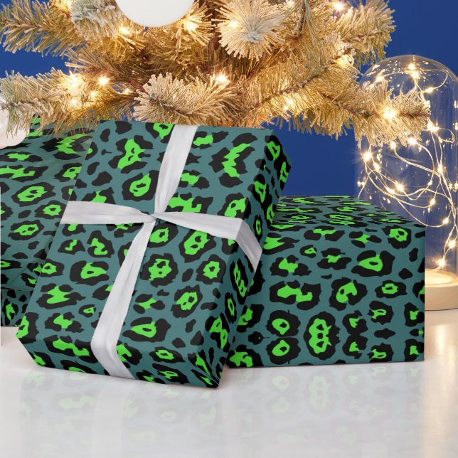 Papier Cadeau Élégant néon empreinte de léopard vert turquoise t (Vacances)