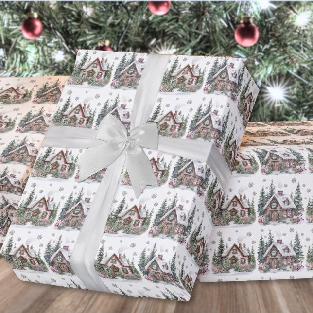 Papier Cadeau Élégant Noël Cabine d'hiver (Elegant Winter Cabin Christmas Wrapping Paper)