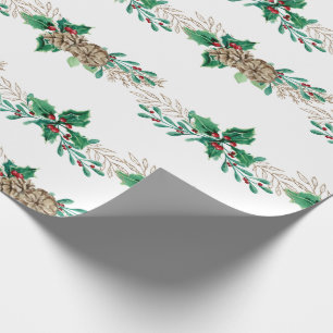 Papier Cadeau Élégant Noël Holly Berry Pine Foliage Garland