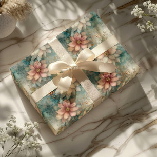 Papier Cadeau Élégant Noël Pêche et Floral Vert Sauge