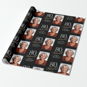 Papier Cadeau Élégant noir 80 et photo de 80e anniversaire fabul