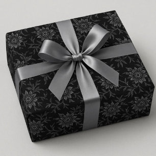 Papier Cadeau Élégant Noir avec Damassé Argenté