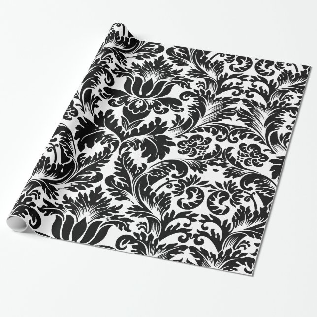Papier Cadeau Elégant noir & blanc Baroque Damas Motif (Déroulé)