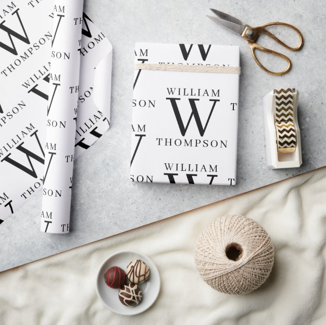 Papier Cadeau Élégant Noir & Blanc Nom Monogramme (Artisanat)