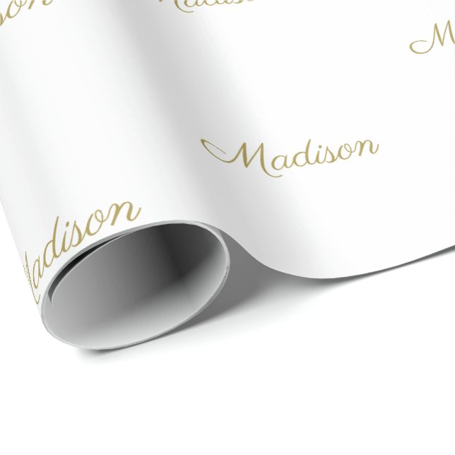 Papier Cadeau Elégant or blanc script personnalisé nom Anniversa (Coin rond)