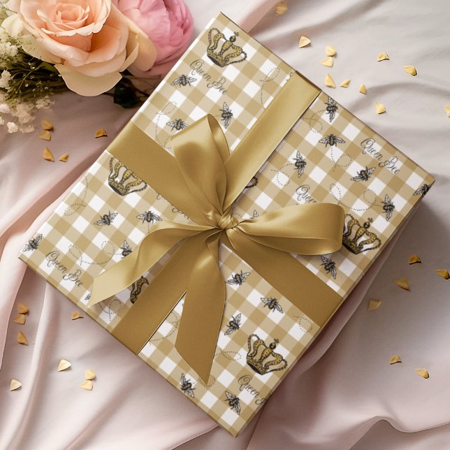 Papier Cadeau Elégant or En vichy Royal Queen Bee Motif (Elegant Gold Gingham Pattern with a Hand-Drawn Vintage Inspired Buzzing Queen Bee & her Royal Crown)