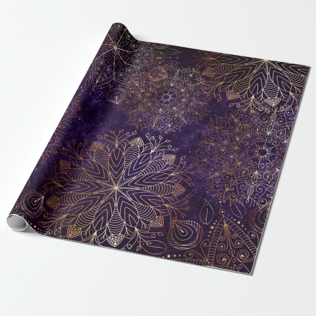 Papier Cadeau Élégant or et violet Motif de mandala Floral (Déroulé)