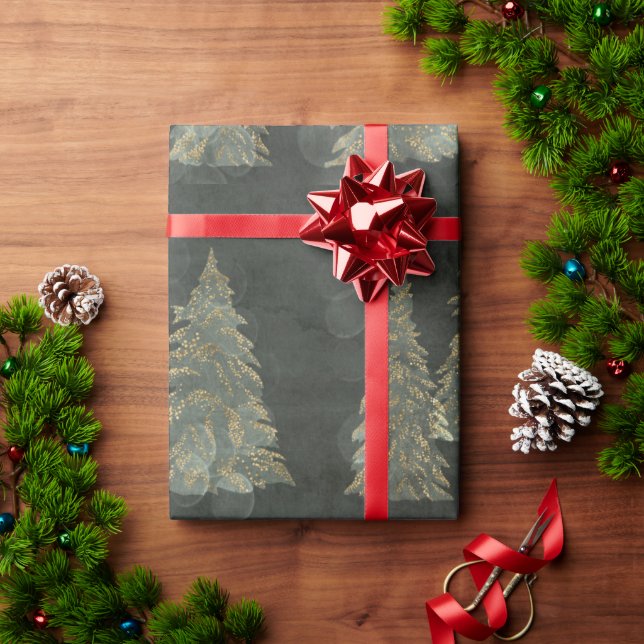 Papier Cadeau Élégant or Fairylight Pine Trees Noël (Cadeau de vacances)