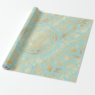 Papier Cadeau Elégant or Lumière Turquoise Mandala Floral
