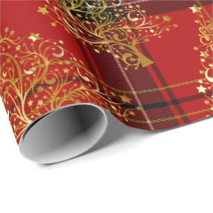 Papier Cadeau Elégant or & Plaid Christmas Tree Motif