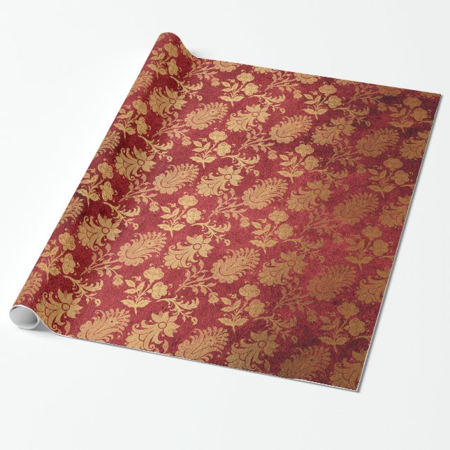Papier Cadeau Elégant or rouge rouge damassé motif floral (Déroulé)